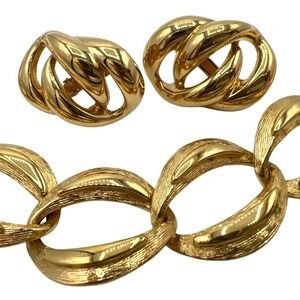 Vintage Napier Chunky 20" Necklace Earrings Screw On Textured Polished Gold tone